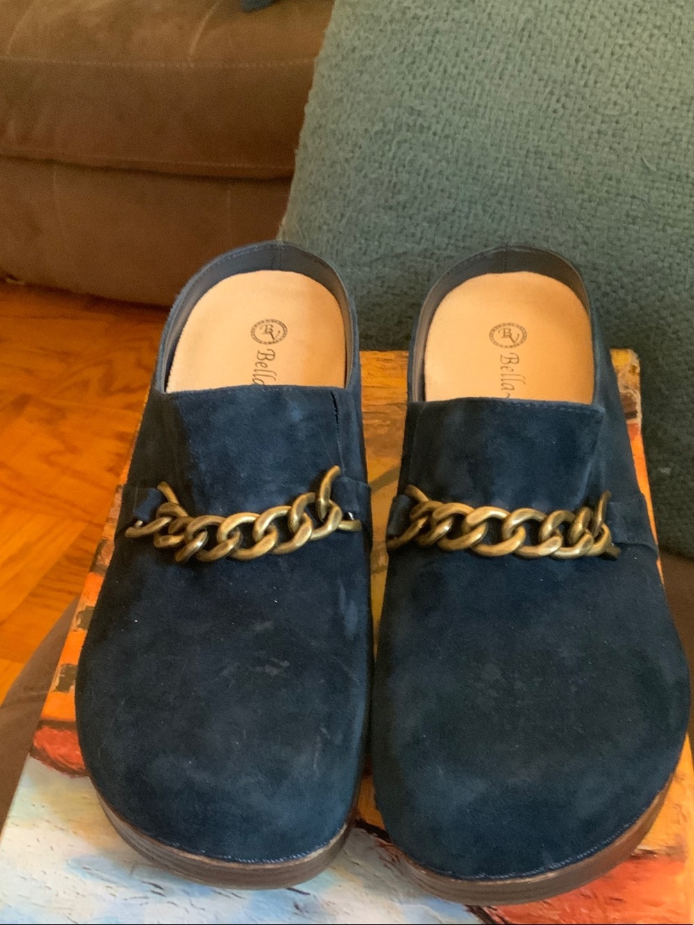 Bella Vita Navy Suede Chain-Accent Mules